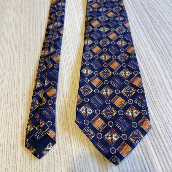Mario Caldi Neck Tie Geometric Pattern Silk Orange /‎ Blue - Picture 1 of 4